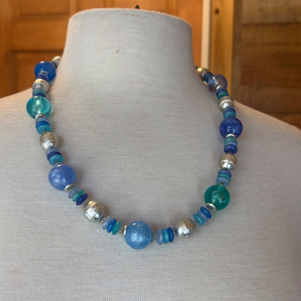 Vintage Czech Glass Bead Necklace Vibrant Bohemian Cobalt Aqua Blue Silver